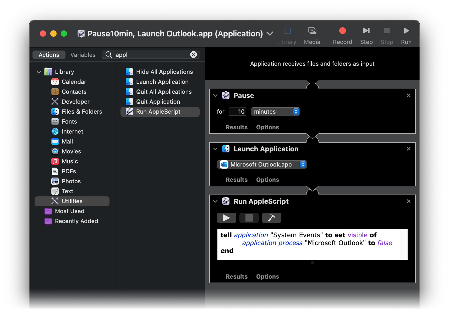 An Automator application that does the following actions: Pause, Launch Application, Run AppleScript. The AppleScript hides the app that was launched.