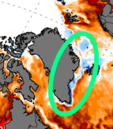 A sea surface anomaly map showing a band of unusually cold water around Greenland's South and East