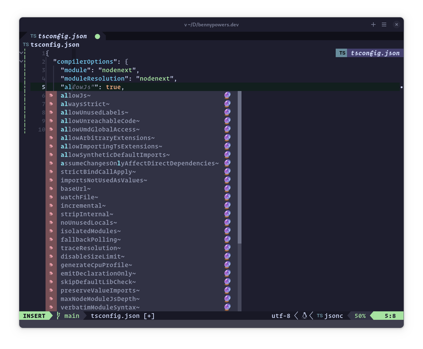 screenshot of neovim with autocomplete from nvim_lsp provider for tsconfig.json