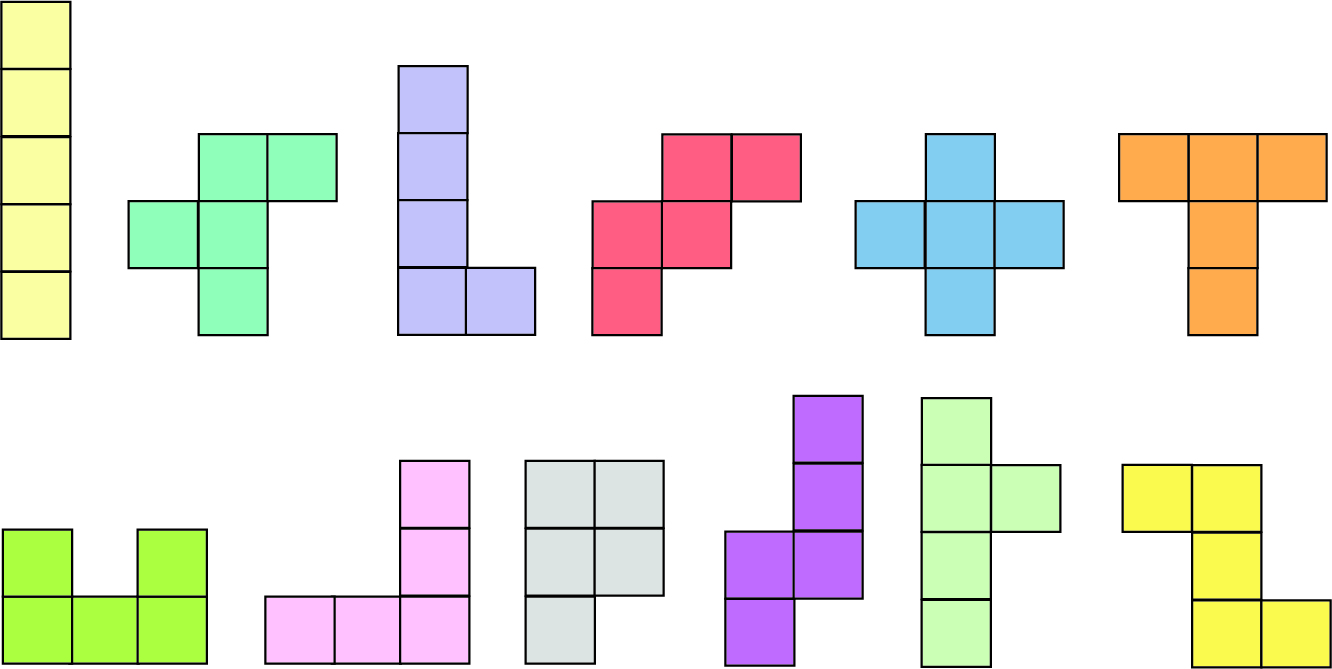 All Six possible pentominoes of different colors