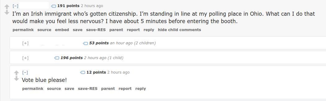 reddit screenshot about someone in the line to vote in ohio, someone replying vote blue please in replies