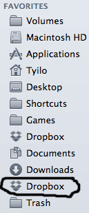 Screenshot of Finder sidebar with non-functional duplicate Dropbox folder shortcut