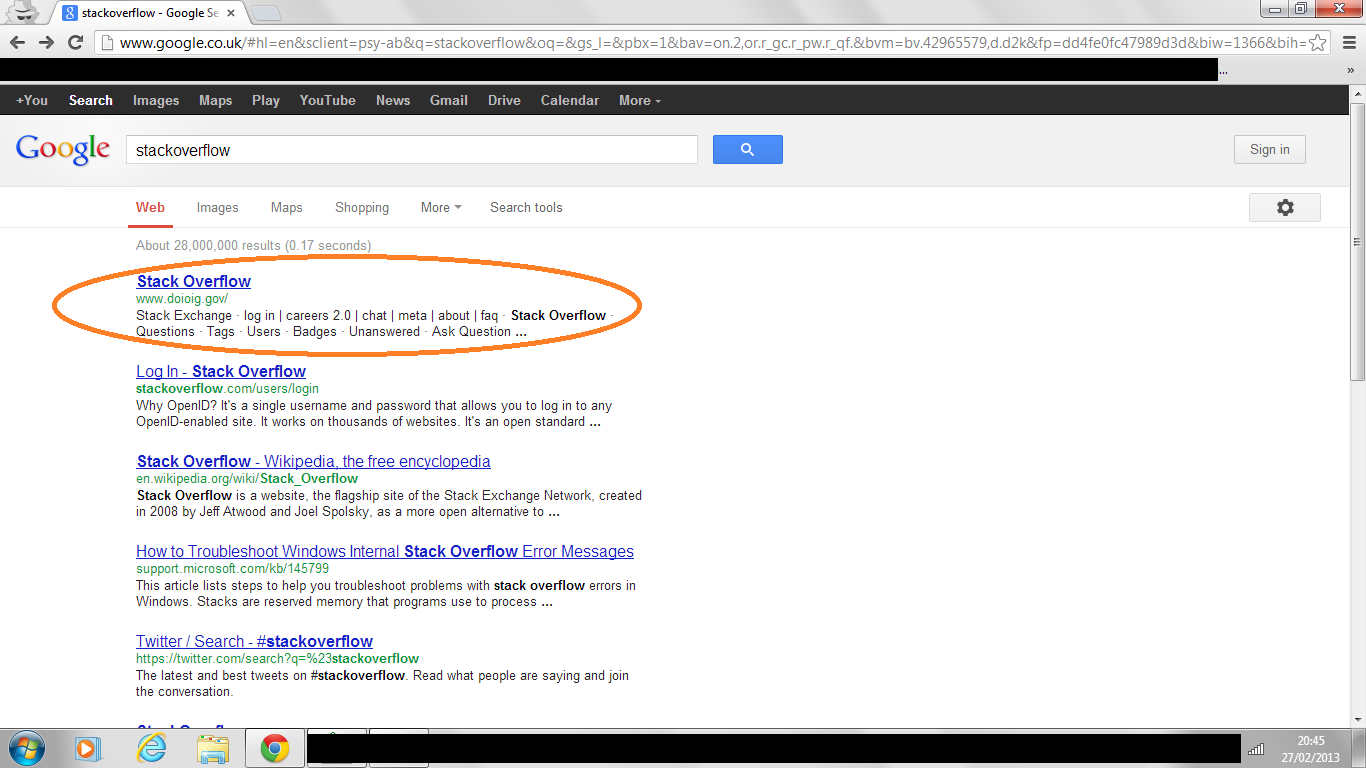 Error in Google results for Stack Overflow
