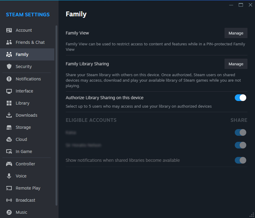 Steam Settings Family subsection showing names under Eligible Accounts