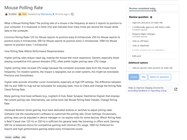 The contents of the Staging Ground post, labeled as "New" with the recent action of "Deleted by Machavity ♦", contents being viewed as normal by a <10k rep user