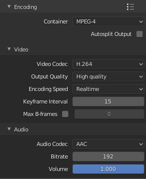 The "Output" tab in Blender's properties panel. The container is set to MPEG-4. The video codec is set to H.264, and the audio codec is set to AAC.