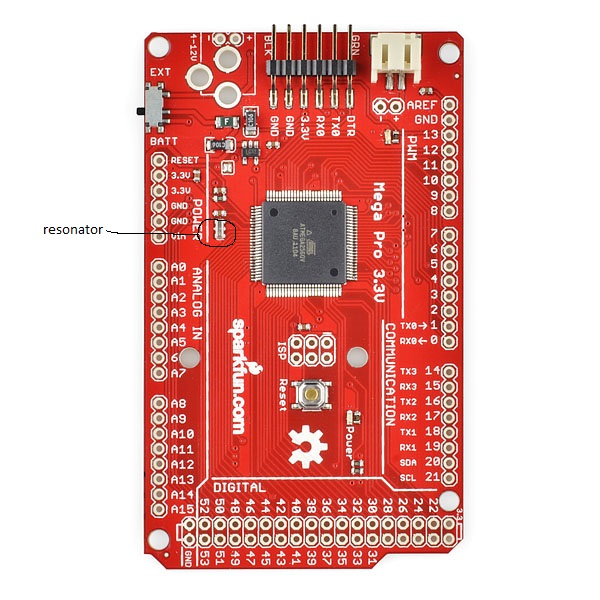 Sparkfun Mega Pro with resonator circled