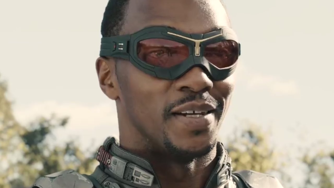 Promotional image of Falcon showing goggles as a part of his suit while he confronts Ant-Man before Ant-Man shrinks