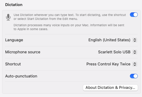 dictation settings in mac OS