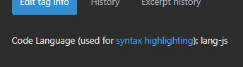 The language highlighter for the JavaScript tag