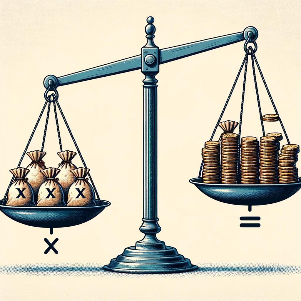 unbalanced scales with moneybags on one side and coins on the other