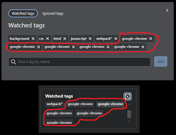 screenshot of watched tag widget showing multiple copies of the same tag