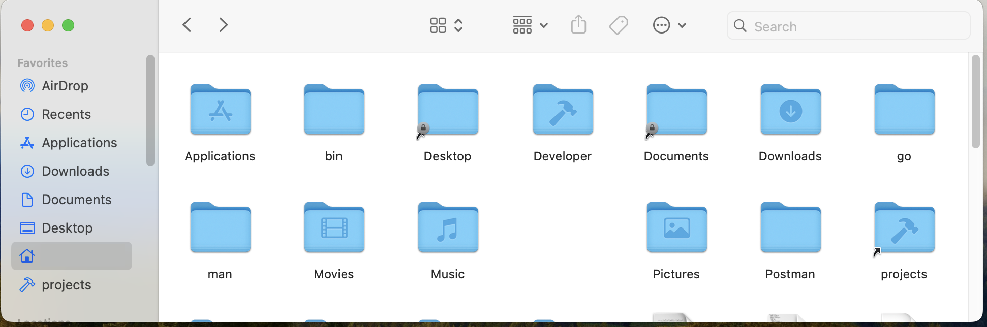 Finder window showing sidebar with projects folder with developer folder icon