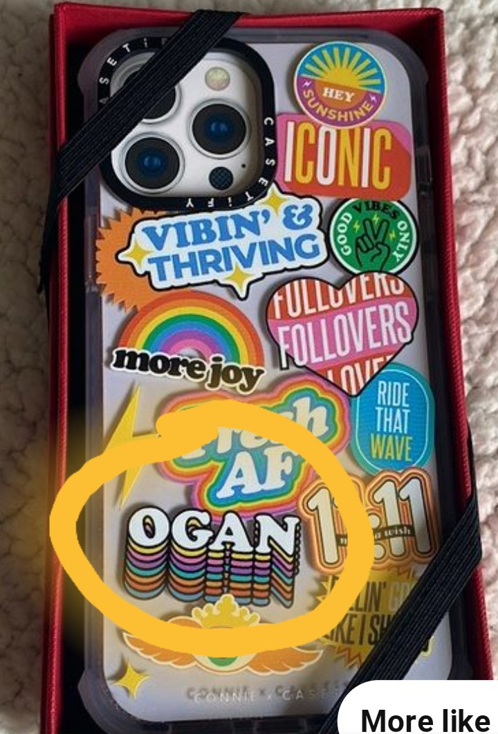 Photo of a phone case with the word OGAN emblazoned in large font.