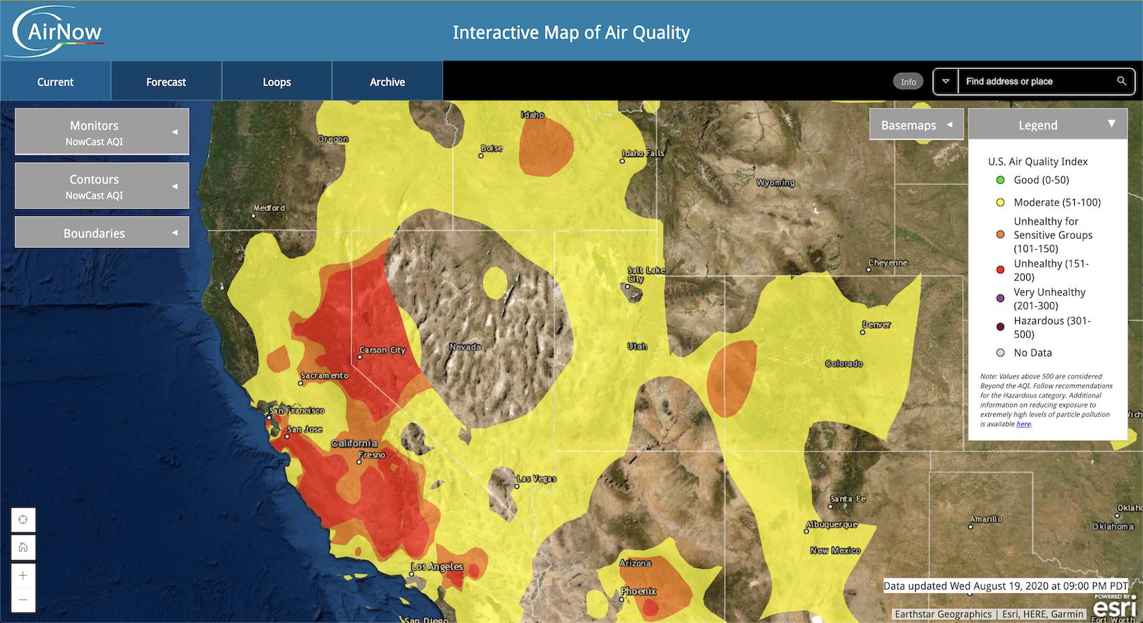 map of California with associated Air Quality Index