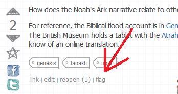 The "flag" link is below the text of your question