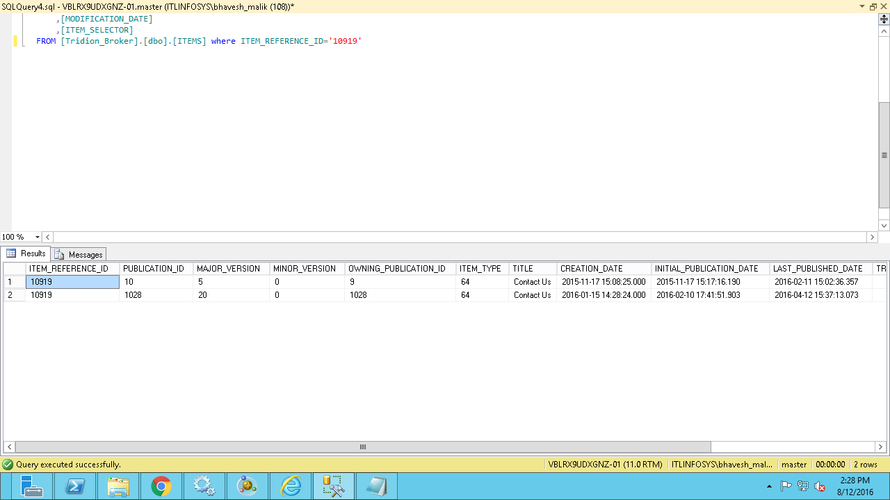 Database query showing correct published date