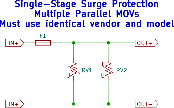 Single-Stage Surge Protection Circuit - two parallel Metal-Oxide Varistors, one must use MOVs with same vendors and models.