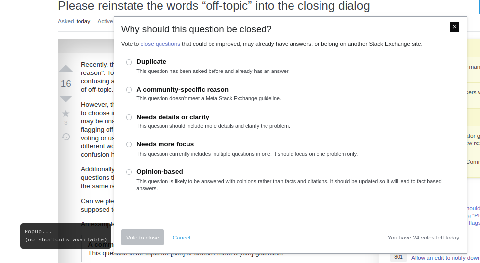 close dialogue, showing "no shortcuts available" on the side