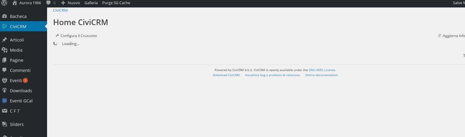 Screenshot of CiviCRM failing to load after WordPress login