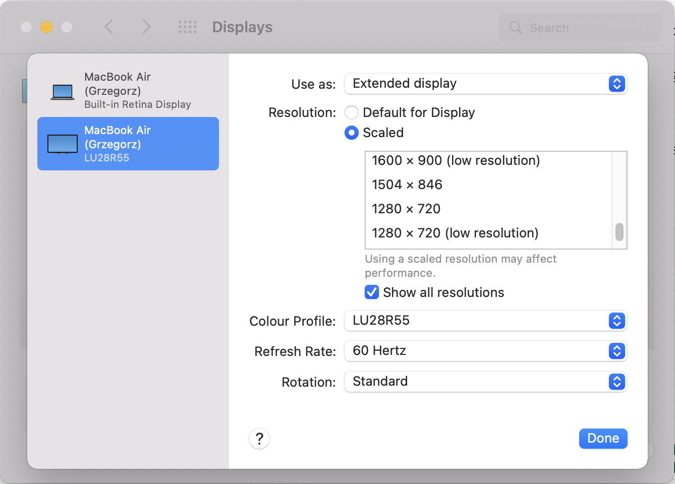 Screenshot of the Display Settings on a MacBook Air 2020 + Samsung 28 inch 4K monitor