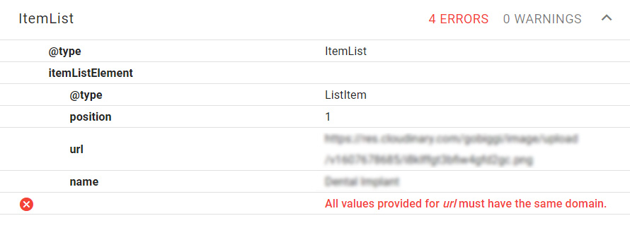 structured data tool showing the error