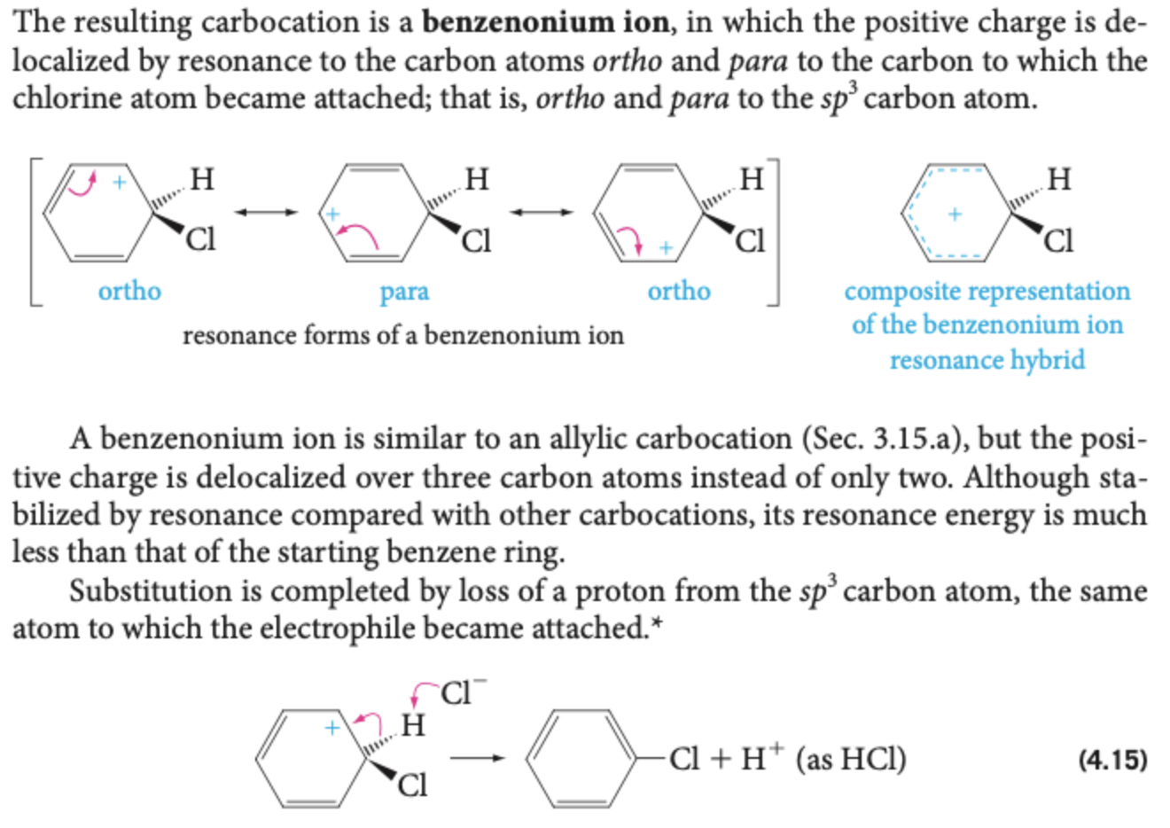 textbook passage on the benzenonium ion, showing its canonical forms