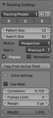 PatternSize:10,SearchSize:30,Motion:Perspective,Match:PreviousFrame,Prepass:Yes,Normalize:No,UseMask:No,Correlation:0.75,FramesLimit:0,Margin:5px,Weight:1
