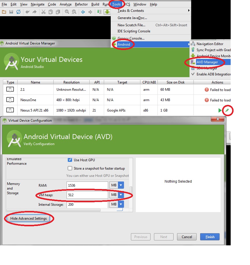 Change VM heap in android studio