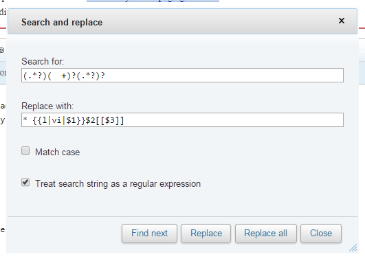 MediaWiki search and replace dialog