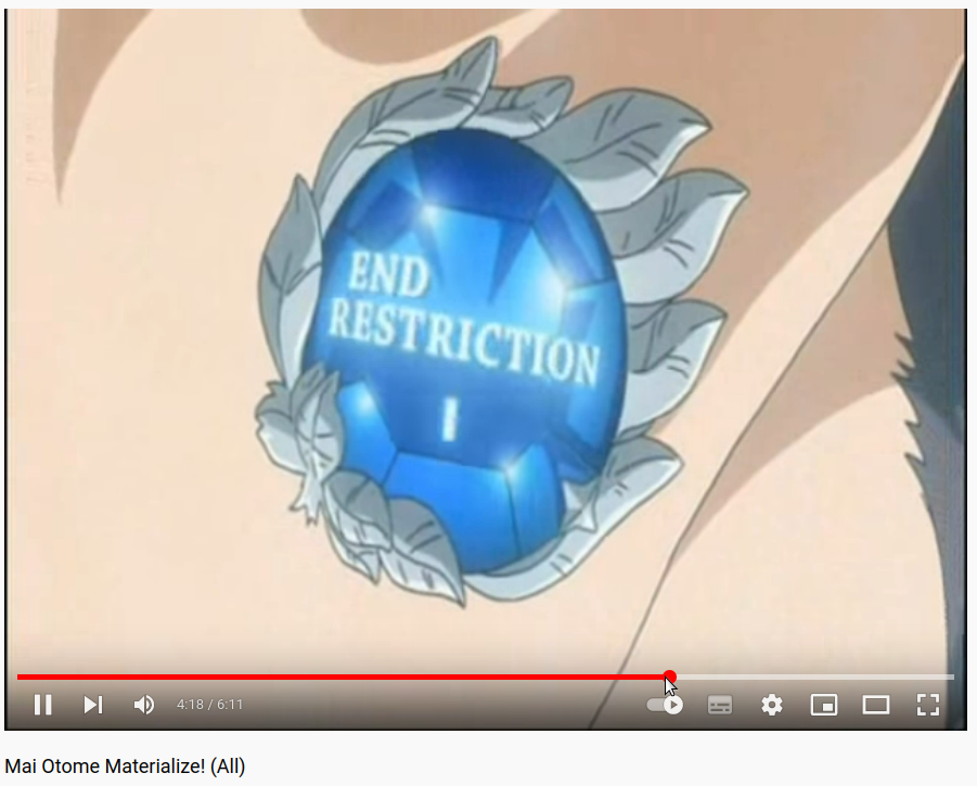 Blue earring, showing text that says "END RESTRICTION"