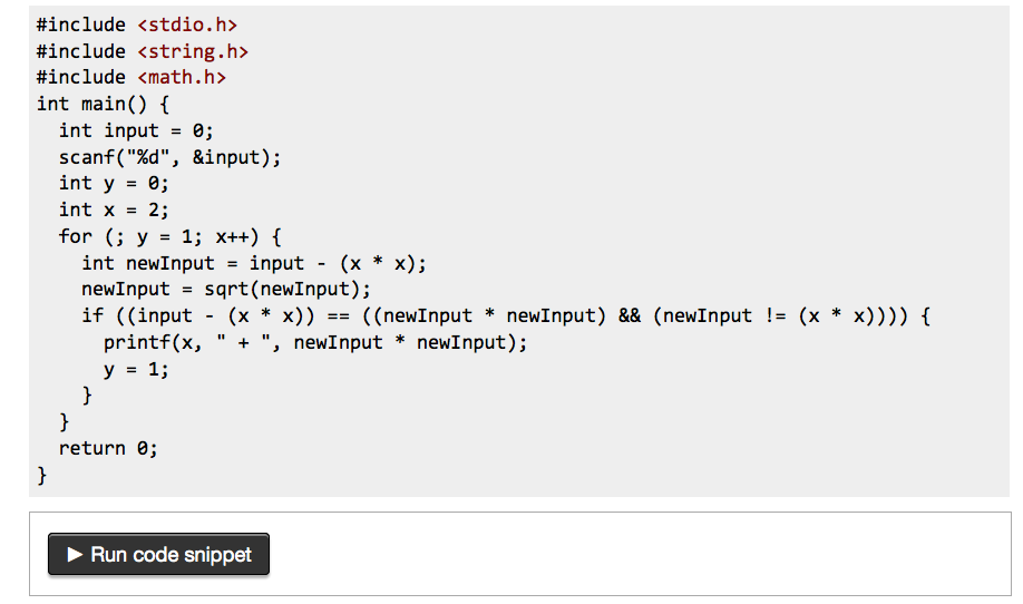 Showing C code and 'Run code snippet' button for SO 26331706