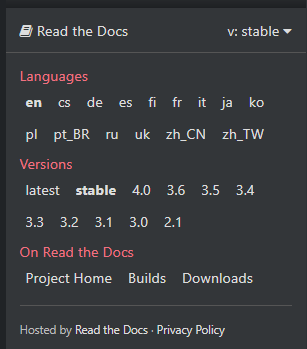 Documentation version menu