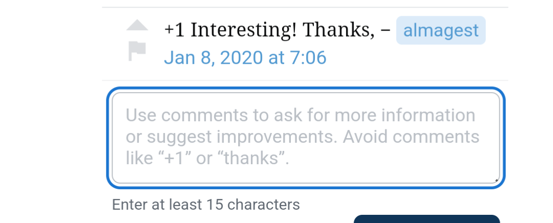 text box placeholder saying: "Use comments to ask for more information or suggest improvements. Avoid comments like '+1' or 'thanks'." On top there is a comment doing exactly this.