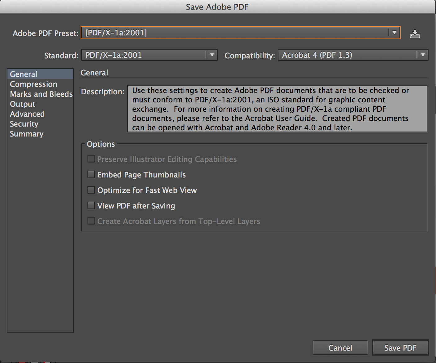  Screeshot of the "Save Adobe PDF" Panel in Illustrator CS6 