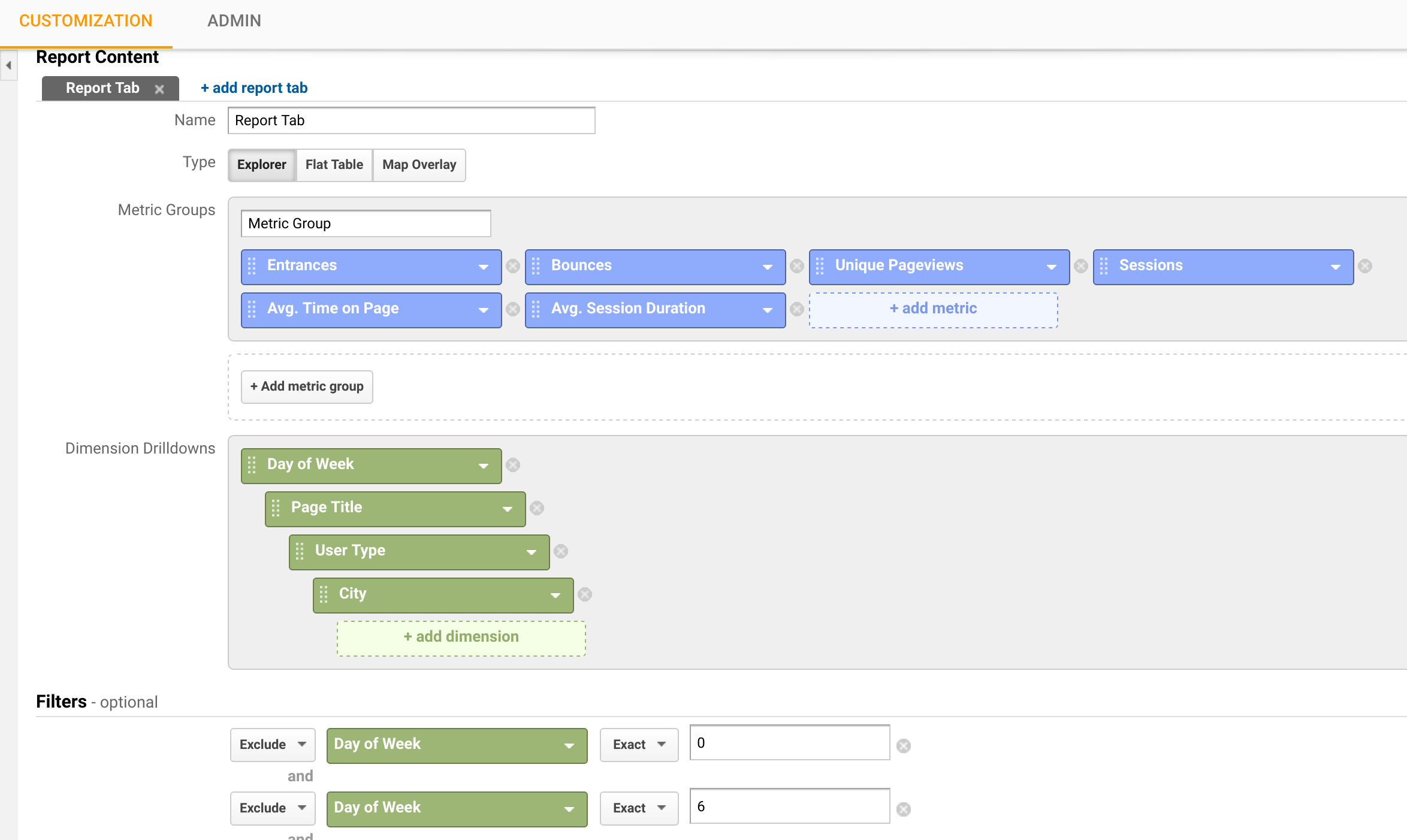 custom Google analytics report, configuration options for showing only weekday data