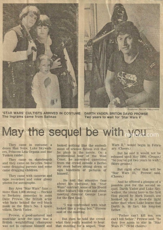 A newspaper clipping in which Dave Prowse reveals the surprise to about a thousand fans