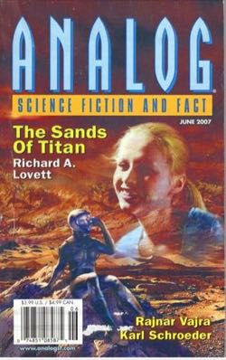 Magazine cover art for Analog, June 2007. Deserted alien landscape with a single small spacesuited figure sitting on a rock, and a large disembodied or holographic face of a smiling teenage girl hovering above the planet's surface.