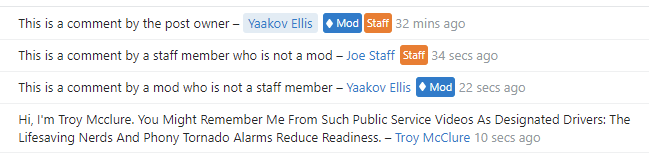 Screenshot of comments with mod/staff labels