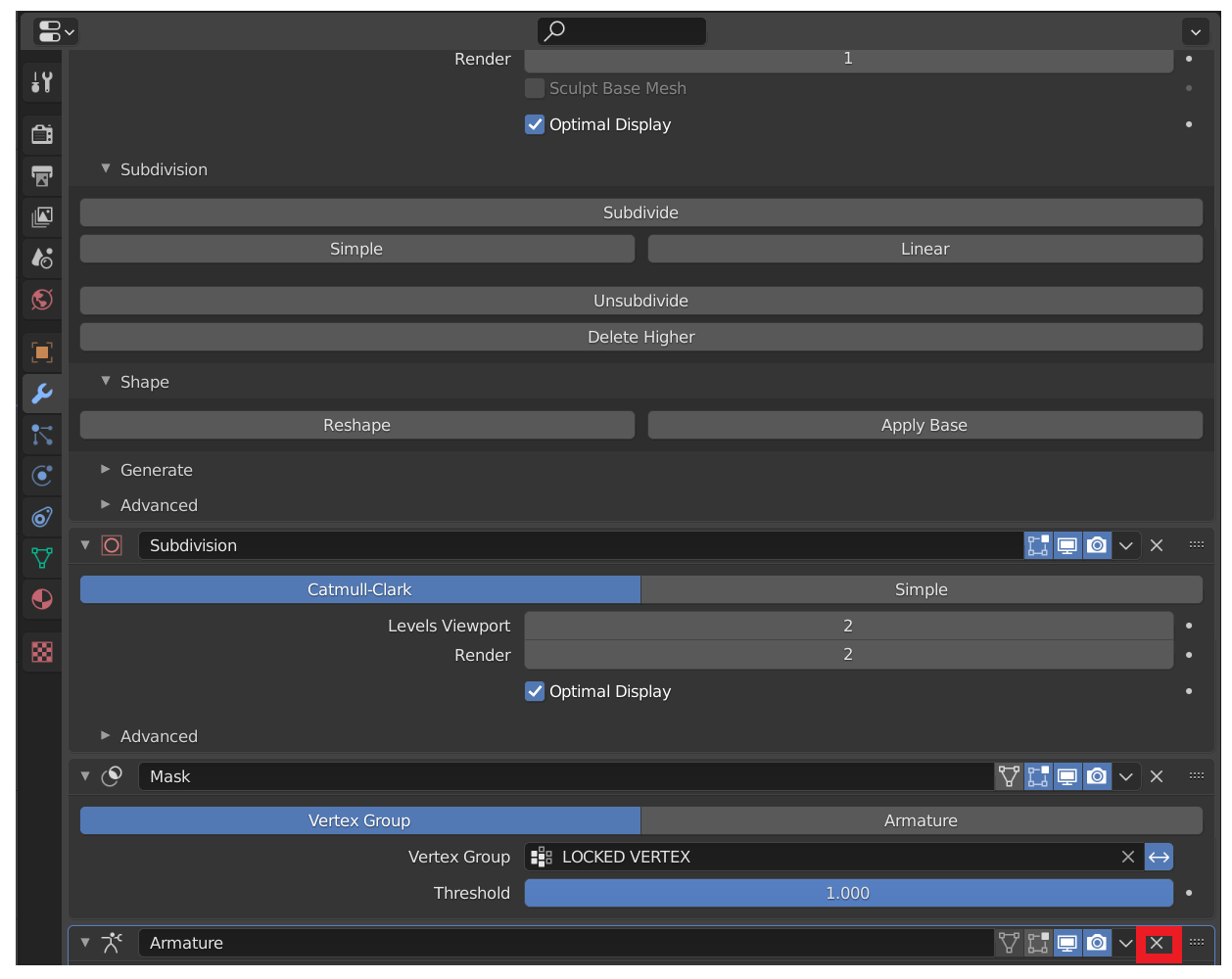 Modifiers Panel showing delete button on Armature modifier