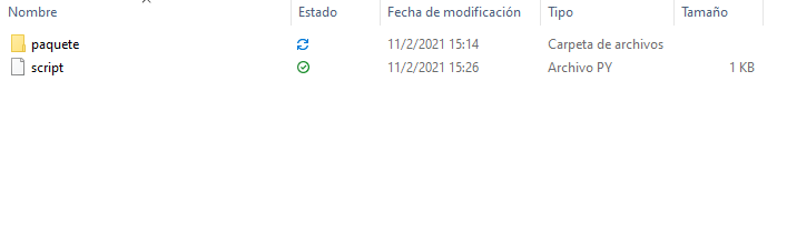 En el archivo llamado script es donde quiero importar mi paquete, y la carpeta paquete es donde tengo lo que quiero importar