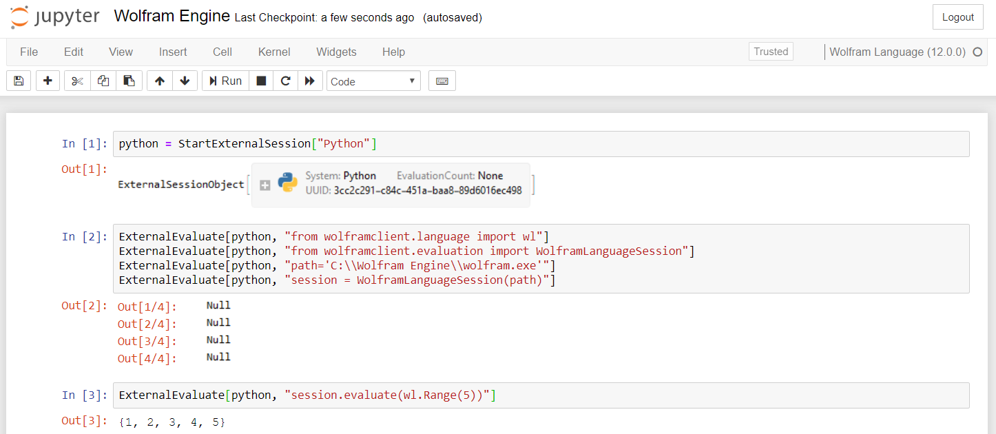 Running Python with the Wolfram Engine kernel in Jupyter.