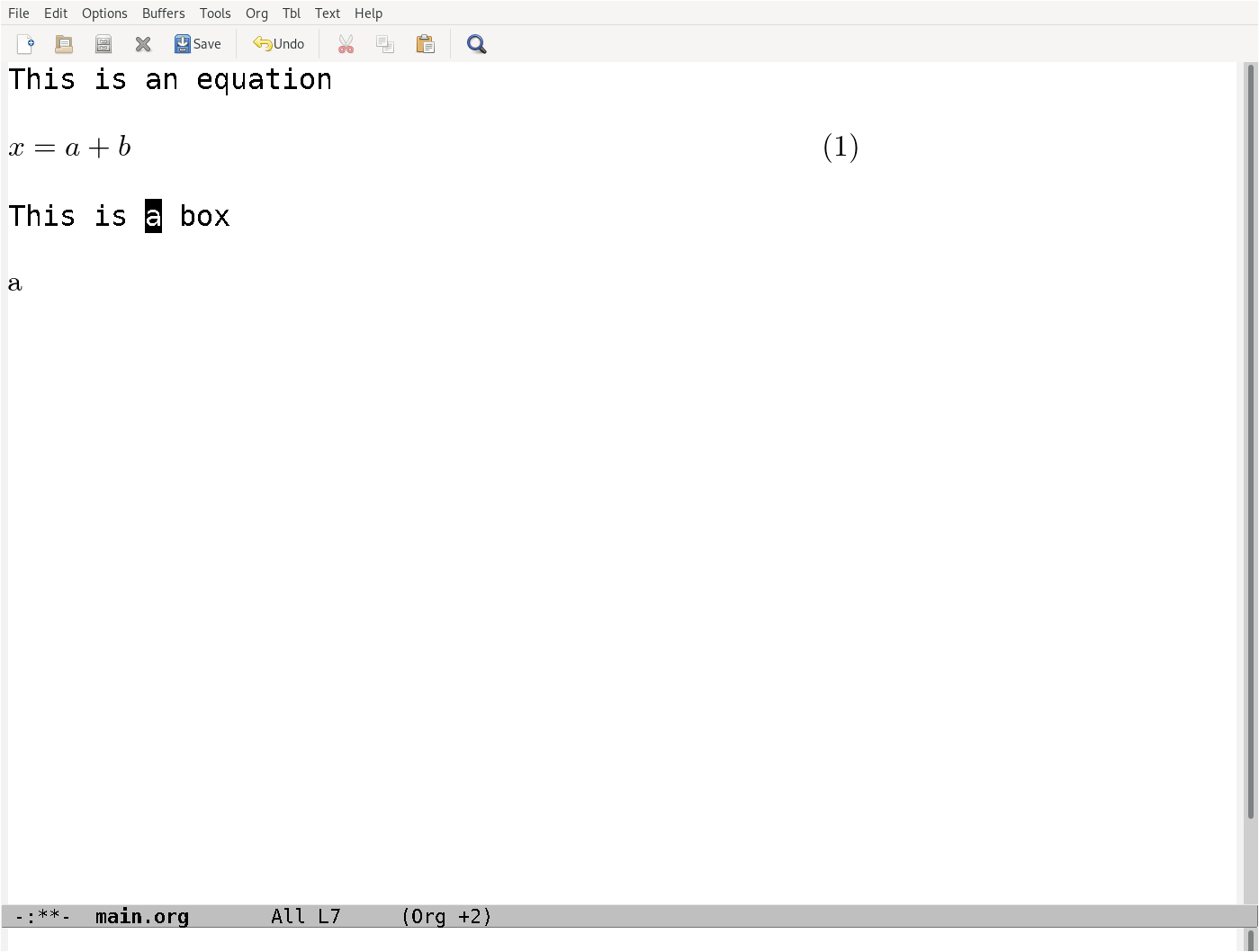 An Emacs buffer showing that the equation environment is properly rendered while the tcolorbox not. The previewing of the tcolorbox environment only displays its content but not the box at all