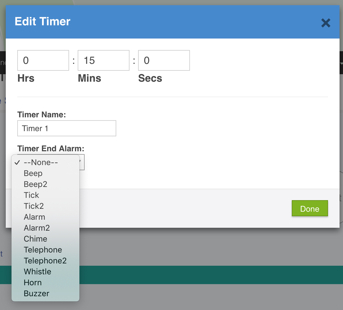 Configuration for timer including end sounds