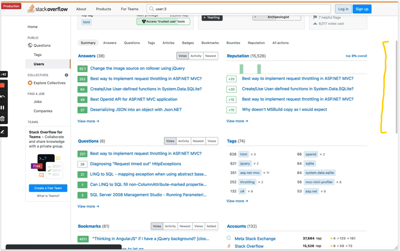 Current user profile activity summary page layout