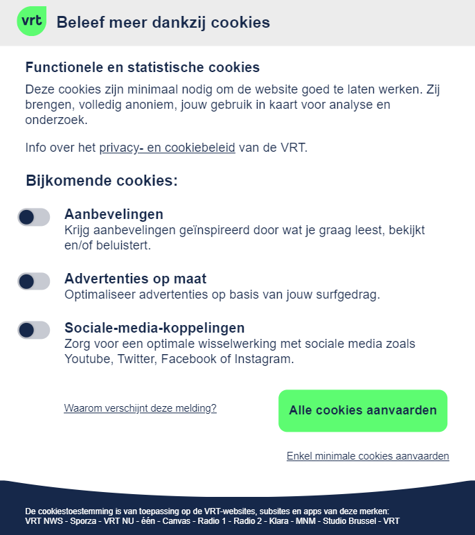 VRT news website cookie consent form