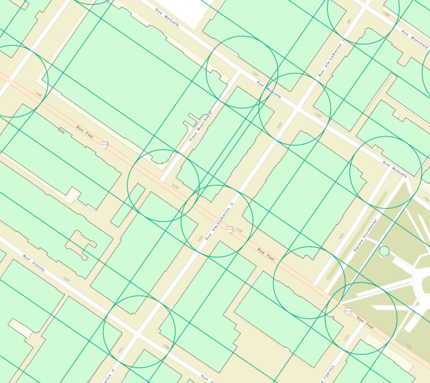 layers together, light green: polygons, dark green: buffers