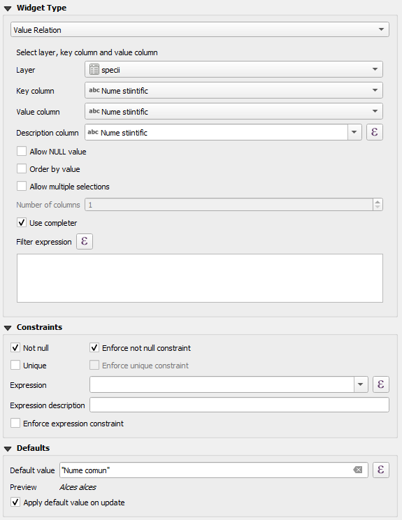 The settings I used for the scientific name