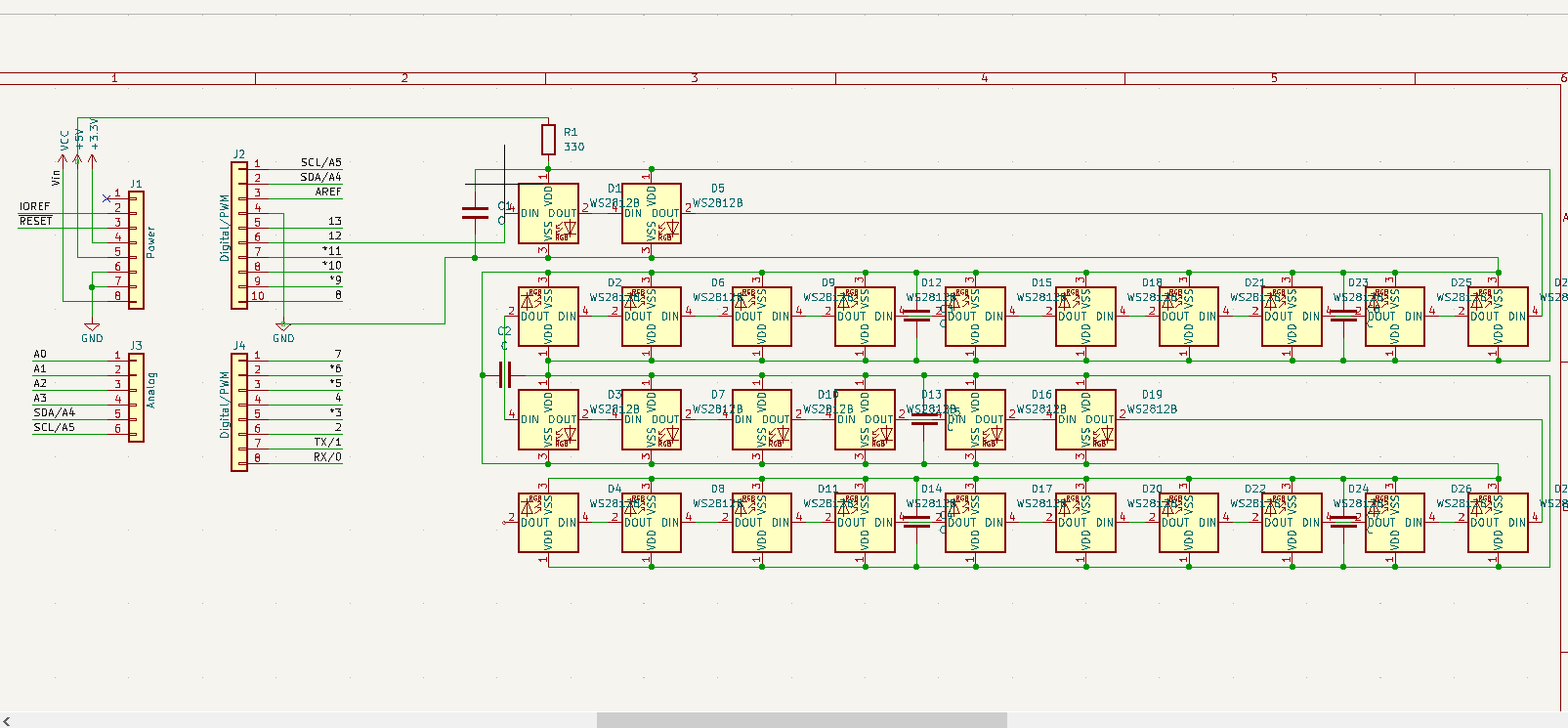 The schematic for the PCB I envisioned it to be. It may look like a matrix, but it's supposed to be a linear strip.