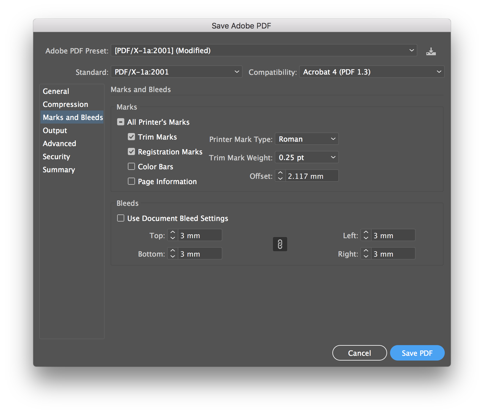 PDF dialog Marks and Bleeds